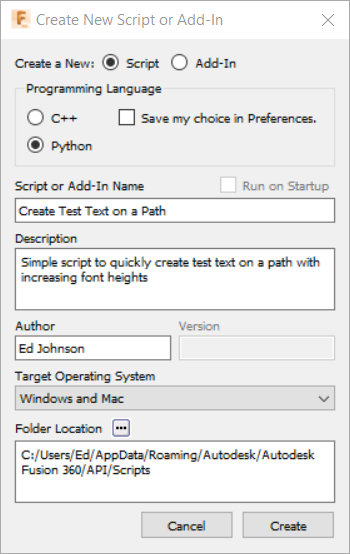 Create New Script Dialog